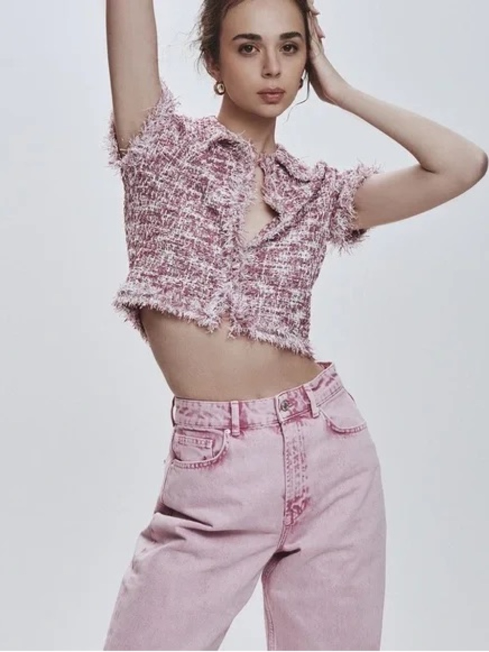 NWT Zara Pink Metallic Frayed Tweed Cropped Button-Up Top